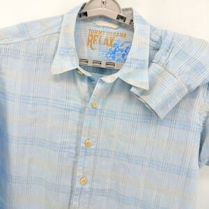 Tommy Bahama Relax Mens Linen Button Up Shirt XL Blue Plaid Preppy Resort Beach